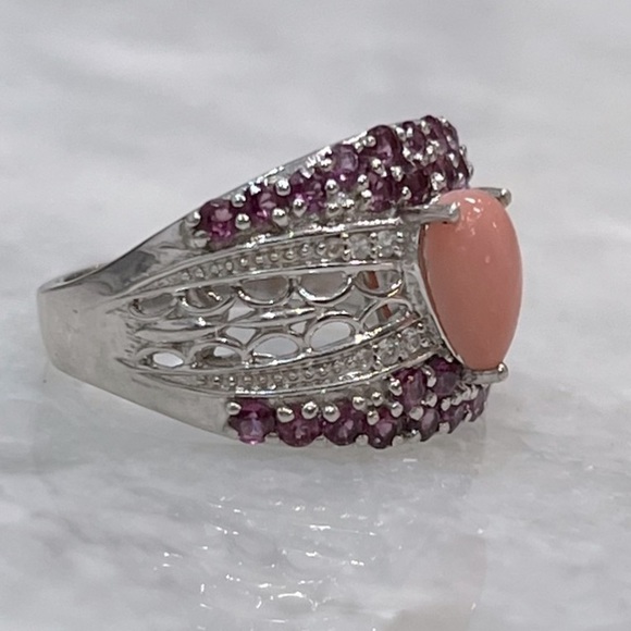 Oregon Peach Opal Rhodolite Garnet Zircon Sterling Silver Ring - Picture 5 of 15